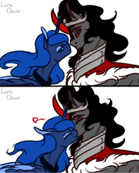 Size: 1099x1368 | Tagged: safe, artist:luna dave, character:king sombra, character:princess luna, species:pony, ship:lumbra, female, jewelry, kissing, male, mare, red eyes, regalia, shipping, simple background, sketch, stallion, straight, white background