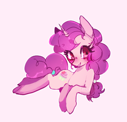 Size: 482x464 | Tagged: safe, artist:t-0-rtured, character:sugar belle, species:pony, species:unicorn, blushing, cute, female, mare, pink background, prone, simple background, smiling, solo, sugarbetes, white background