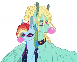 Size: 1978x1597 | Tagged: safe, artist:luna dave, character:rainbow dash, character:zephyr breeze, species:pegasus, species:pony, alternate hairstyle, badass, choker, ear piercing, eyeliner, eyeshadow, female, lidded eyes, makeup, male, mare, no pupils, piercing, punk, shipping, simple background, spiked choker, stallion, straight, white background, zephdash