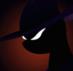 Size: 300x290 | Tagged: dead source, safe, artist:sir-dangereaux, character:mare do well, species:pony, animated, bust, clothing, female, gif, glare, glowing eyes, gradient background, hat, lineless, mare, mask, minimalist, modern art, narrowed eyes, portrait, profile, silhouette, solo, white eyes