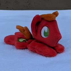 Size: 794x794 | Tagged: safe, artist:plushbyanto, character:big mcintosh, species:earth pony, species:pony, beanie (plushie), chibi, cute, irl, lying down, macabetes, male, minky, no mouth, no nostrils, no pupils, photo, plushie, prone, solo, sploot, stallion, toy