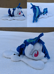 Size: 1588x2160 | Tagged: safe, artist:plushbyanto, character:dj pon-3, character:vinyl scratch, species:pony, beanie (plushie), chibi, female, hair over one eye, irl, lying down, mare, minky, missing horn, no mouth, no nostrils, no pupils, photo, plushie, prone, solo, sploot, toy