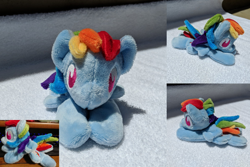 Size: 2382x1588 | Tagged: safe, artist:plushbyanto, character:rainbow dash, species:pegasus, species:pony, beanie (plushie), chibi, female, irl, lying down, mare, minky, no mouth, no nostrils, no pupils, photo, plushie, prone, solo, sploot, toy, wings