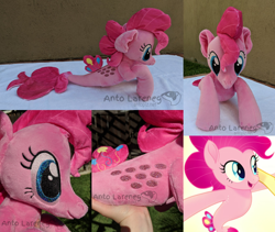 Size: 2382x2012 | Tagged: safe, artist:plushbyanto, edit, edited screencap, screencap, character:pinkie pie, species:pony, species:seapony (g4), my little pony: the movie (2017), female, fins, front view, irl, lying down, mare, minky, photo, plushie, profile, race swap, scales, seaponified, seapony pinkie pie, smiling, solo, species swap, tail fin, toy