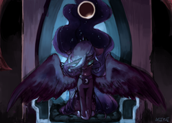 Size: 2898x2070 | Tagged: safe, artist:aoiyui, character:princess luna, species:alicorn, species:pony, crying, eclipse, ethereal mane, eyes closed, female, glowing horn, horn, princess, sitting, solar eclipse, solo, spread wings, throne, wings
