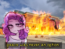Size: 1024x768 | Tagged: safe, artist:t-0-rtured, character:rarity, species:human, my little pony:equestria girls, applebee's, disaster girl, face of mercy, female, lidded eyes, meme, out of context, peace was never an option, rarity fighting a giant applebee's, solo, untitled goose game, wat