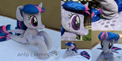 Size: 3176x1588 | Tagged: safe, artist:plushbyanto, character:twilight sparkle, character:twilight sparkle (alicorn), species:alicorn, species:pony, species:seapony (g4), female, fins, front view, irl, lying down, mare, minky, photo, plushie, profile, race swap, scales, seaponified, seapony twilight, smiling, solo, species swap, tail fin, toy