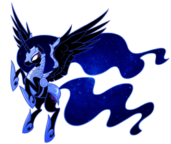 Size: 1127x949 | Tagged: dead source, safe, artist:sir-dangereaux, character:nightmare moon, character:princess luna, species:alicorn, species:pony, action pose, armor, ethereal mane, female, galaxy mane, glowing eyes, hoof shoes, mare, photoshop, rearing, simple background, solo, spread wings, white background, white eyes, wings