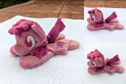 Size: 2382x1588 | Tagged: safe, artist:plushbyanto, character:berry punch, character:berryshine, species:earth pony, species:pony, beanie (plushie), chibi, female, irl, lying down, mare, minky, no mouth, no nostrils, no pupils, photo, plushie, profile, prone, solo, sploot, toy