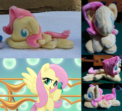 Size: 2382x2160 | Tagged: safe, artist:plushbyanto, character:fluttershy, species:bird, species:pegasus, species:pony, my little pony: the movie (2017), beanie (plushie), chibi, female, flying, irl, lying down, mare, minky, no mouth, no nostrils, no pupils, photo, plushie, prone, smiling, solo, songbird, sploot, spread wings, toy, wings