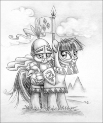 Size: 1109x1327 | Tagged: safe, artist:deathcutlet, character:rarity, character:spike, character:twilight sparkle, species:dragon, species:pony, species:unicorn, armor, dragons riding ponies, duo, female, helmet, knight, lance, male, mare, monochrome, ponies riding dragons, reins, riding, shield, weapon