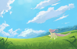 Size: 7000x4500 | Tagged: safe, artist:aoiyui, character:fluttershy, species:pegasus, species:pony, absurd resolution, cloud, female, field, grass, mare, meadow, scenery, sky, solo, standing, windswept mane, windswept tail
