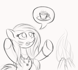 Size: 2000x1800 | Tagged: safe, artist:krash42, species:pony, newbie artist training grounds, bracelet, campfire, chocolate, cute, dialogue, face paint, female, food, hot chocolate, jewelry, mare, monochrome, necklace, simple background, solo, speech bubble, talking