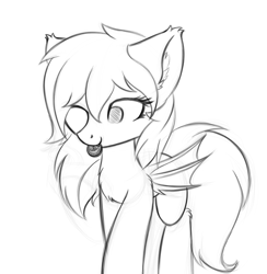 Size: 1632x1674 | Tagged: safe, artist:krash42, oc, oc only, species:bat pony, species:pony, newbie artist training grounds, bat pony oc, bat wings, chest fluff, cookie, cute, ear fluff, fangs, female, food, mare, monochrome, mouth hold, one eye closed, oreo, simple background, sketch, solo, white background, wings