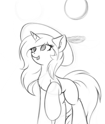 Size: 1649x1946 | Tagged: safe, artist:krash42, oc, oc only, species:pony, species:unicorn, newbie artist training grounds, clothing, cute, ear fluff, feather, female, hat, mare, monochrome, raised hoof, simple background, smiling, solo, summer, sun, white background