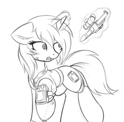 Size: 1824x1797 | Tagged: safe, artist:krash42, oc, oc only, oc:littlepip, species:pony, species:unicorn, fallout equestria, newbie artist training grounds, bandage, clothing, ear fluff, fanfic, fanfic art, female, floppy ears, glowing horn, gun, handgun, hooves, horn, levitation, little macintosh, magic, mare, monochrome, open mouth, optical sight, pipbuck, raised hoof, revolver, scope, simple background, solo, telekinesis, vault suit, weapon, white background