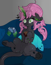 Size: 2438x3071 | Tagged: safe, artist:lunarcipher1, oc, oc:oculus, species:changeling, beautiful, big hair, bloodshot eyes, controller, couch, cute, female, freckles, gaming, glowing wings, green changeling, magic, original character do not steal, pink hair, sitting, solo, wings