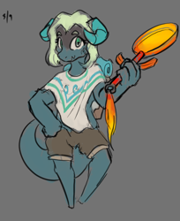 Size: 580x712 | Tagged: safe, artist:invertigo, oc, oc only, oc:charca, species:dragon, backpack, clothing, colored, cyoa:scrolls and trolls, female, flat colors, frying pan, horns, pants, poncho