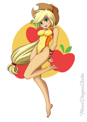 Size: 900x1265 | Tagged: safe, artist:silver-wingx, character:applejack, my little pony:equestria girls, adorasexy, barefoot, breasts, busty applejack, clothing, cowboy hat, cute, cutie mark background, feet, female, freckles, hat, one-piece swimsuit, open mouth, sexy, solo, stetson, stupid sexy applejack, swimsuit