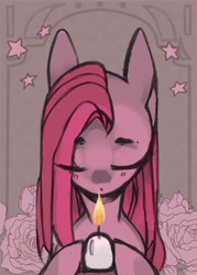 Size: 5000x7000 | Tagged: dead source, safe, artist:aoiyui, character:pinkamena diane pie, character:pinkie pie, species:earth pony, species:pony, absurd resolution, candle, eyes closed, female, flower, mare, rose, solo
