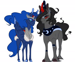 Size: 2117x1756 | Tagged: safe, artist:luna dave, character:king sombra, character:princess luna, species:alicorn, species:pony, species:unicorn, ship:lumbra, accessory swap, female, jewelry, male, mare, no pupils, red eyes, regalia, shipping, stallion, straight