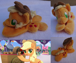 Size: 2382x1973 | Tagged: safe, artist:plushbyanto, character:applejack, species:earth pony, species:pony, my little pony: the movie (2017), accessory, apple cider (drink), applejack's hat, background pony, beanie (plushie), canterlot, cart, chibi, clothing, cowboy hat, cute, female, friendship festival, hat, irl, lidded eyes, lying down, mare, market, minky, mug, no mouth, no nostrils, no pupils, photo, plushie, prone, smiling, solo, sploot, toy, unnamed pony