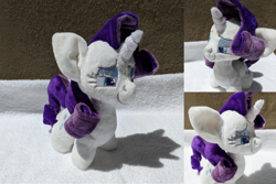 Size: 2382x1588 | Tagged: safe, artist:plushbyanto, character:rarity, species:pony, species:unicorn, big ears, chibi, female, grin, horn, irl, lidded eyes, mare, photo, plushie, smiling, smirk, smug, solo, toy