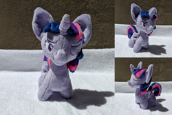 Size: 2382x1587 | Tagged: safe, artist:plushbyanto, character:twilight sparkle, character:twilight sparkle (alicorn), species:alicorn, species:pony, big ears, chibi, front view, horn, irl, lidded eyes, minky, one eye closed, photo, plushie, profile, smiling, smirk, smug, solo, toy, wings, wink