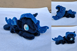 Size: 2382x1588 | Tagged: safe, artist:plushbyanto, character:princess luna, species:alicorn, species:pony, beanie (plushie), chibi, ethereal mane, female, galaxy mane, horn, irl, lying down, mare, minky, no mouth, no nostrils, no pupils, photo, plushie, profile, prone, solo, sploot, toy, wings