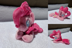 Size: 2382x1588 | Tagged: safe, artist:plushbyanto, character:pinkie pie, species:earth pony, species:pony, beanie (plushie), chibi, female, front view, irl, lying down, mare, minky, no mouth, no nostrils, no pupils, photo, plushie, profile, prone, solo, sploot, toy