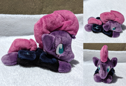 Size: 2341x1588 | Tagged: safe, artist:plushbyanto, character:tempest shadow, species:pony, species:unicorn, my little pony: the movie (2017), accessory, armor, beanie (plushie), broken horn, chibi, front view, horn, irl, lying down, minky, no mouth, no nostrils, no pupils, photo, plushie, profile, prone, solo, sploot, storm king's emblem, toy