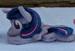 Size: 1588x1093 | Tagged: safe, artist:plushbyanto, character:twilight sparkle, character:twilight sparkle (alicorn), species:alicorn, species:pony, beanie (plushie), chibi, female, horn, lying down, mare, minky, no mouth, no nostrils, no pupils, plushie, profile, prone, solo, sploot, toy, wings
