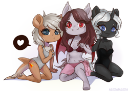 Size: 4039x2894 | Tagged: safe, artist:alexa1alexa, oc, oc only, oc:aerye, oc:agua fisher, oc:scarlet quill, species:anthro, species:bat pony, species:digitigrade anthro, species:pony, species:unicorn, anthro oc, bat pony oc, belly button, bikini, breasts, chibi, clothing, commission, fangs, gift art, heart, kneeling, off shoulder, one-piece swimsuit, original species, sarong, shark pony, simple background, smiling, swimsuit, white background