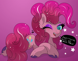 Size: 4848x3775 | Tagged: safe, artist:lunarcipher1, character:pinkie pie, species:earth pony, species:pony, absurd resolution, beautiful, curly hair, cute, diapinkes, eyeliner, female, happy, heart eyes, long hair, looking at you, makeup, mare, one eye closed, pink, positive ponies, simple background, smiling, solo, stars, text, wingding eyes, wink