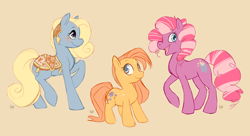 Size: 1600x869 | Tagged: dead source, safe, artist:rollingrabbit, character:brilliant blossoms, g1, baby sparkle north star, caramel crunch, trio