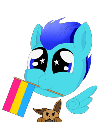 Size: 1280x1458 | Tagged: safe, artist:sharpiesketches, oc, oc:swift dawn, species:changeling, species:pegasus, species:pony, blue eyes, changeling oc, commission, cute, disguise, disguised changeling, flag, floating wings, head, male, pansexual pride flag, pride, pride flag, pride month, simple background, smiling, solo, starry eyes, transparent background, watermark, wingding eyes, wings