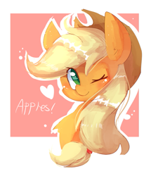Size: 687x800 | Tagged: safe, artist:dddreamdraw, character:applejack, species:earth pony, species:pony, abstract background, blushing, bust, chest fluff, colored pupils, cute, eye clipping through hair, female, heart, jackabetes, mare, one eye closed, portrait, solo, wink