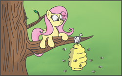 Size: 1920x1200 | Tagged: safe, artist:finalflutter, character:fluttershy, species:pegasus, species:pony, bandage, bee, beehive, female, insect on nose, solo, tree
