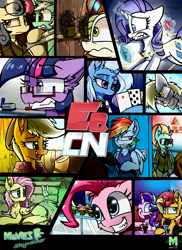 Size: 4430x6092 | Tagged: safe, artist:movieskywalker, derpibooru original, character:applejack, character:autumn blaze, character:bon bon, character:derpy hooves, character:fluttershy, character:lightning dust, character:lyra heartstrings, character:pinkie pie, character:rainbow dash, character:rarity, character:starlight glimmer, character:sunset shimmer, character:sweetie drops, character:trixie, character:twilight sparkle, species:alicorn, species:earth pony, species:kirin, species:pegasus, species:pony, species:rabbit, species:unicorn, angry face, animal, bench, card, clothing, cupcake, equestria cn, food, glasses, gun, handgun, horn, letter, mane six, microwave, pen, pistol, poster, rainbow cupcake, sunglasses, the pan, wall, whiteboard, wings