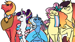 Size: 1280x732 | Tagged: safe, artist:lieutenantcactus, character:big mcintosh, character:fluttershy, character:princess celestia, character:rarity, character:trixie, species:pony, alternate hairstyle, alternate universe, bow, cape, clothing, eyes closed, female, flag, freckles, hair bow, horn, horn ring, lgbt headcanon, mare, mouth hold, pride, pride flag, pride month, simple background, trans female, trans trixie, transgender, transgender pride flag, white background