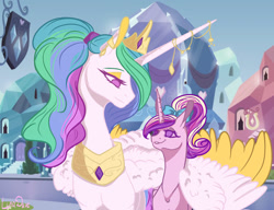 Size: 2117x1628 | Tagged: safe, artist:luna dave, character:princess cadance, character:princess celestia, species:alicorn, species:pony, alternate hairstyle, aunt and niece, colored wings, colored wingtips, female, horn, horn jewelry, hug, jewelry, makeup, mare, momlestia, no pupils, regalia, teen princess cadance, wing fluff, winghug, wings