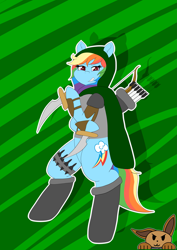 Size: 2893x4092 | Tagged: safe, artist:sharpiesketches, character:rainbow dash, species:anthro, abstract background, archer dash, arrow, bipedal, bow (weapon), bow and arrow, dagger, dual wield, dungeons and dragons, fantasy, fantasy class, female, looking at you, pen and paper rpg, rainbow rogue, rogue, rpg, solo, throwing knife, unmasked, weapon