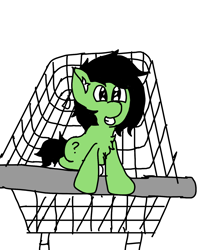 Size: 1440x1708 | Tagged: safe, artist:scotch, oc, oc:filly anon, species:earth pony, species:pony, blushing, chest fluff, cute, female, filly, grin, looking at you, shopping cart, simple background, smiling, white background