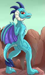 Size: 1217x2000 | Tagged: safe, artist:orangejuicerus, character:princess ember, species:dragon, canyon, dragoness, female, hand on hip, looking at you, looking back, looking back at you, open mouth, princess embutt, solo, wings