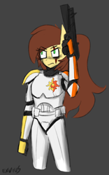 Size: 900x1441 | Tagged: safe, artist:exvius, oc, oc:mighty cola, species:anthro, armor, blaster, clone trooper, colored sketch, energy weapon, scar, solo, sunset shimmer cutie mark, weapon