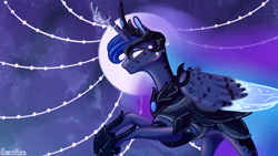 Size: 1280x720 | Tagged: safe, artist:luna dave, character:princess luna, species:alicorn, species:pony, armor, colored wings, ethereal mane, female, galaxy mane, horn, horn jewelry, jewelry, mare, solo, wings