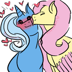 Size: 709x709 | Tagged: safe, artist:lieutenantcactus, artist:polyquestria, character:fluttershy, character:trixie, species:pegasus, species:pony, species:unicorn, ship:trixieshy, blushing, blushing profusely, cute, female, heart, kissing, lesbian, mare, shipping, wavy mouth, wingding eyes