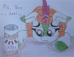Size: 3889x3005 | Tagged: safe, artist:juani236, character:autumn blaze, species:kirin, alcohol, beer, can, female, floppy ears, frown, graph paper, kirin beer, leaning, lidded eyes, looking down, pls, sad, solo, table, text, traditional art