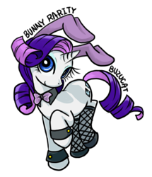 Size: 810x941 | Tagged: safe, artist:bunina, character:rarity, species:pony, species:unicorn, bow tie, bunny ears, bunny suit, clothing, cute, female, fishnets, mare, playboy bunny, raribetes, signature, simple background, solo, text, white background