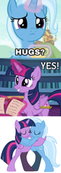 Size: 840x2360 | Tagged: safe, artist:ramseybrony17, edit, edited screencap, screencap, character:trixie, character:twilight sparkle, character:twilight sparkle (alicorn), species:alicorn, species:pony, ship:twixie, episode:student counsel, episode:the crystalling, g4, my little pony: friendship is magic, comic, female, hug, lesbian, screencap comic, shipping
